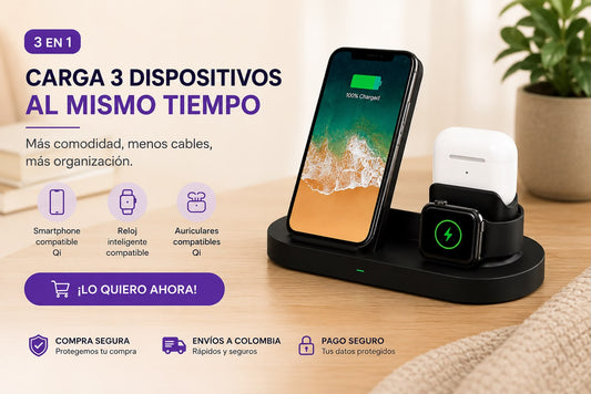 Base Estación de Carga Inalámbrica Qi 3 en 1